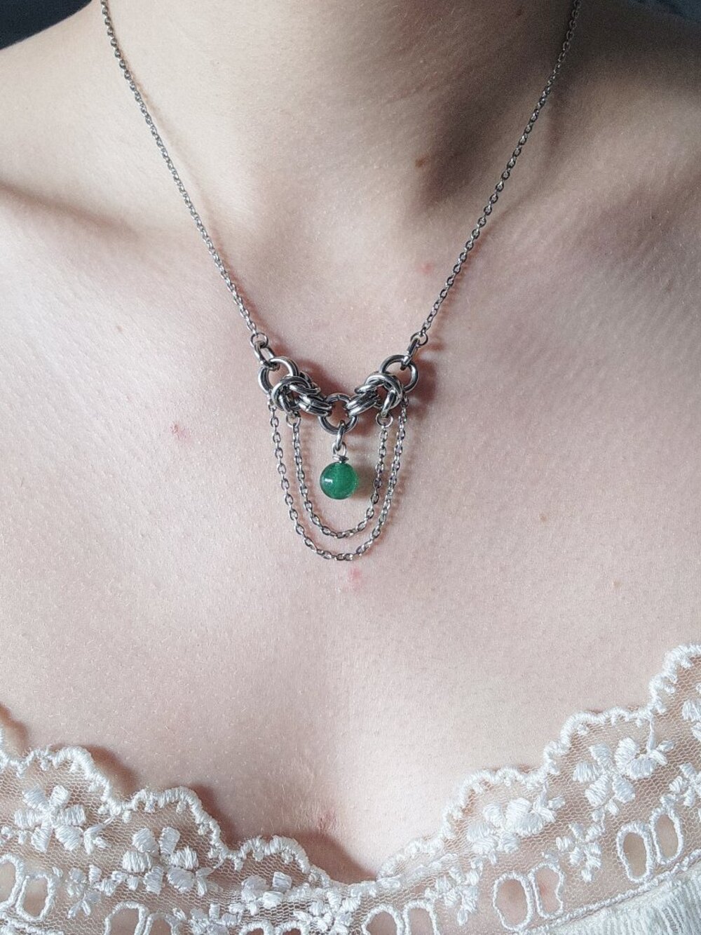 Vintage silver necklace with a green bead